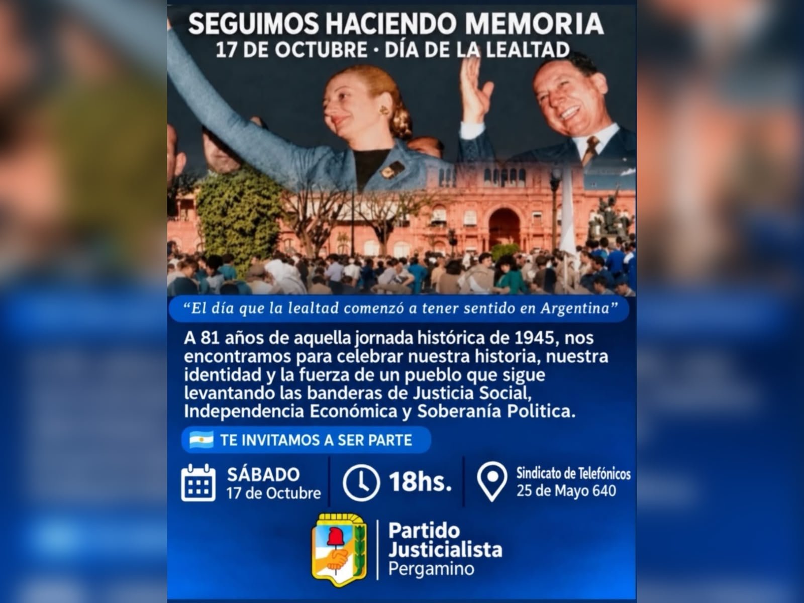 El PJ de Pergamino convoca a celebrar el Día de la Lealtad Peronista